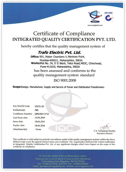 Trafo Electric ISO 9001:2015 certification document